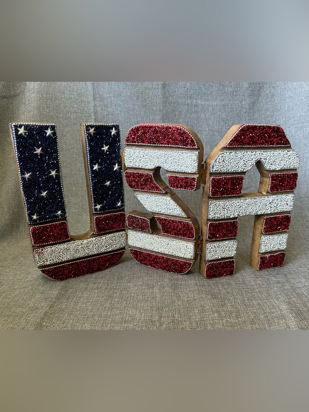 Patriotic USA Beaded Wooden Made In India Tabletop Sign Decor